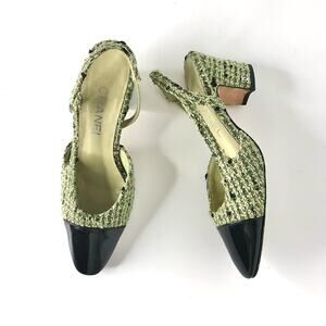 Chanel CC Logo Green Wool Tweed Patent Cap Toe Slingback Heeled Sandals 37